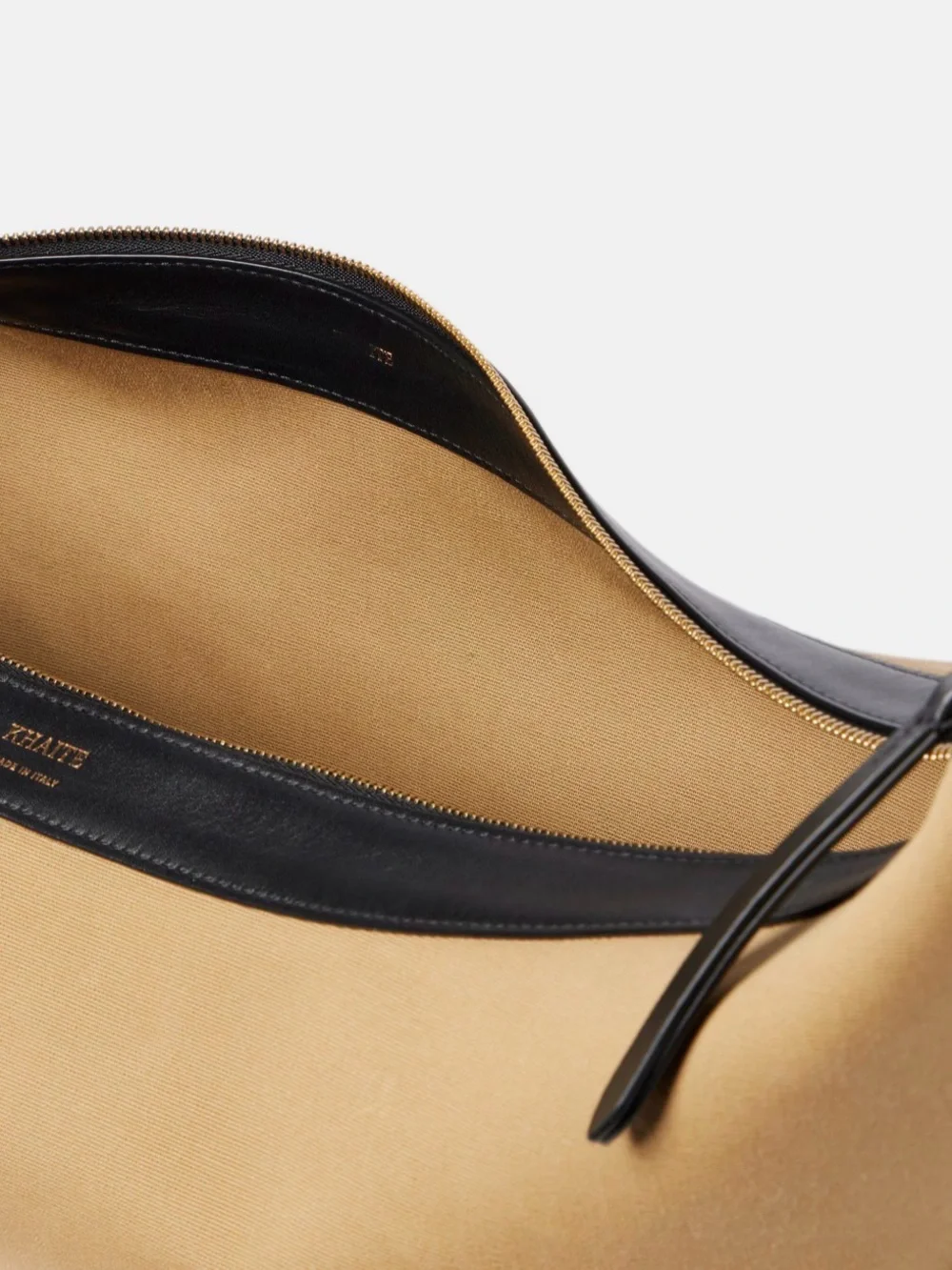 KHAITE Augustina Black Leather and Tan Canvas Crescent Hobo Tote Bag
